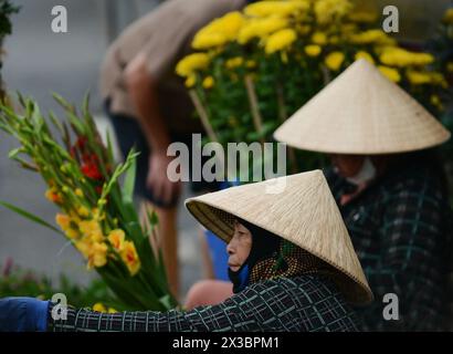 Vendeurs de fleurs au marché central de Hoi an, Vietnam. Banque D'Images