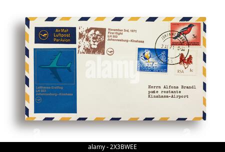 Première lettre de vol, première couverture de vol, premier vol Lufthansa LH553 de Johannesburg, Afrique du Sud, à Kinshasa, République démocratique du Congo Banque D'Images