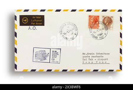 Première lettre de vol, première couverture de vol, premier vol Lufthansa LH644 avec DC10 de Rome, Italie, à Hong Kong, le 14 janvier 1974 Banque D'Images