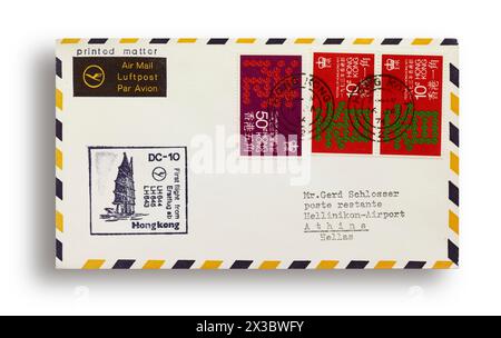 Première lettre de vol, première couverture de vol, premier vol Lufthansa LH644 avec DC10 de Hong Kong à Athènes, Grèce, le 16 janvier 1974 Banque D'Images