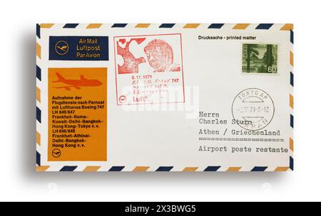 Première lettre de vol, première couverture de vol, premier vol Lufthansa LH646 avec Boeing 747 de Francfort, Allemagne, via Rome, Italie, Koweït, Delhi, Inde Banque D'Images