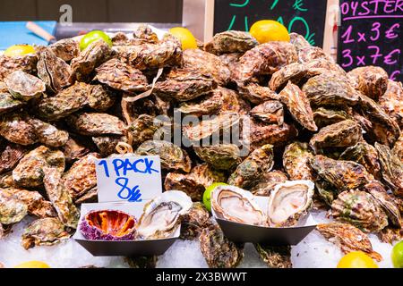 Huîtres fraîches, Mercat de la Boqueria, célèbre marché sur les Ramblas à Barcelone, Espagne Banque D'Images