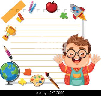 Garçon joyeux entouré d'articles scolaires et de fournitures d'art. Illustration de Vecteur