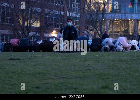 Boston, États-Unis. 25 avril 2024. Un groupe de manifestants pro-gaza font la prière dans un campement universitaire à l'Université Northeastern. Les étudiants demandent au gouvernement israélien et aux entreprises de se désinvestir de leur université. Plus tôt dans la journée, la police de Boston en tenue anti-émeute avait encerclé la chaîne étudiante menaçant de fermer leur campement. (Photo de Vincent Ricci/SOPA images/SIPA USA) crédit : SIPA USA/Alamy Live News Banque D'Images