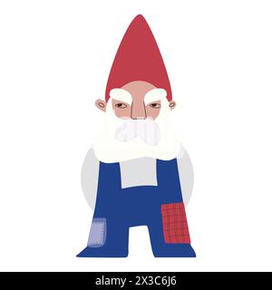 Un vieux gnome en colère avec une barbe grise, une moustache touffue et des sourcils, portant une casquette pointue et un pantalon avec un patch. Illustration vectorielle pour l'emballage Illustration de Vecteur