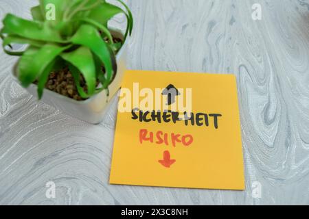 Concept de Sicherheit ou Risiko écrire sur des notes collantes isolées sur une table en bois. Banque D'Images