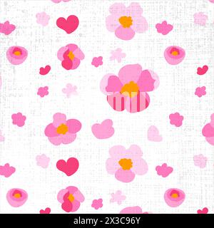 Modèle sans couture fleurs sakura traditionnelles fond blanc texture dessinée à la main Folk rose pâquerette pétales ornement lumineux Vector Flat illustration Illustration de Vecteur