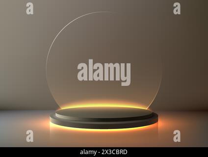 Scène vide 3D cercle de couleur noire podium avec fond en verre transparent cercle au centre avec éclairage au néon d'un fond doux dans un style minimal Illustration de Vecteur