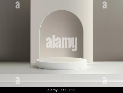 Podium de couleur blanche réaliste 3D avec toile de fond arcade sur le plancher de l'escalier et fond brun clair, concept minimal, affichage du produit, maquette, showroo Illustration de Vecteur