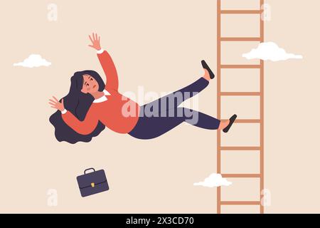 Femme tombant dans l'échelle de carrière. Troubles et problèmes au travail. Crise économique. Investisseurs perdant l'argent concept. Illustration vectorielle à plat Illustration de Vecteur