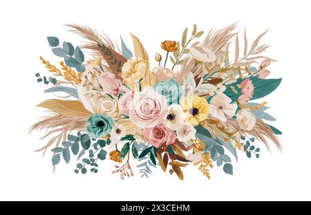 Bouquet de mariage boho chic avec des fleurs d'été. Illustration de Vecteur