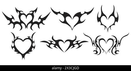 Neo tribal Heart y2k tatouage esthétique couverture gothique, feu ou ailes silhouette abstraite isolée sur fond. Diviseur, bordure, ornement de corps cyber, décoration goth web néotribal. Illustration vectorielle Illustration de Vecteur