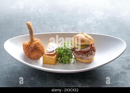 Restauration rapide traditionnelle servie comme plat gastronomique d'un pilon de poulet, carré de pommes de terre frites avec ketchup et un mini burger sur une assiette blanche, espace copie Banque D'Images