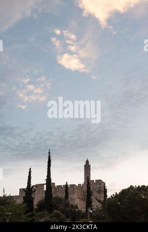 La Tour de David minaret et les murs de pierre de la vieille ville de Jérusalem dans la lumière du petit matin. Banque D'Images