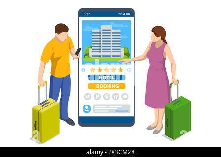 Application téléphonique de réservation en ligne isométrique. Achat de billet avec smartphone. Les personnes réservant hôtel et recherchant les réservations pour les vacances. Cartes du smartphone Illustration de Vecteur