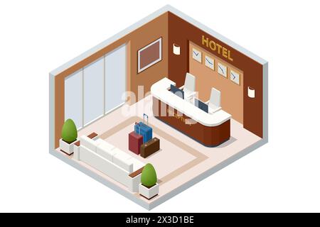Réception de l'hôtel Isometri. Intérieur élégant de l'hôtel. Réception. Jeune femme réceptionniste personnage debout. Tourisme, arrivée d'hôtel, Tourisme Illustration de Vecteur