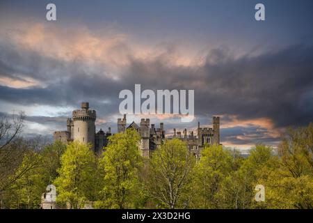 Arundel Castle remparts, gardes et tours émergeant de la nouvelle croissance sur les arbres avec un ciel à l'air sombre. Banque D'Images