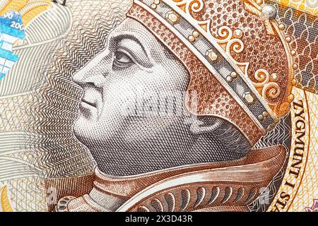 Polonais deux cents zloty, 200 PLN. Macro de Zygmunt i Stary face sur la monnaie polonaise. Vue de dessus Banque D'Images