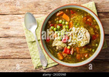 Aguadito de Pollo est une cuisine péruvienne, combinant des ingrédients tels que le poulet, le riz, les légumes et la coriandre dans un savoureux bouillon en gros plan sur le bol Banque D'Images