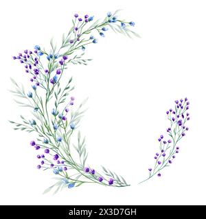 Fleurs violettes, bleues et épi. Printemps, été herbes vertes. Couronne de prairie, fleurs sauvages de la forêt. Cadre floral de plantes des champs en fleurs. Banque D'Images