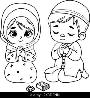 Mignons enfants islamiques traditionnels priant. Croyant ethnique religieux petite fille et garçon caractère sur ses genoux avec les mains pliées dans la prière. Vecteur il Illustration de Vecteur