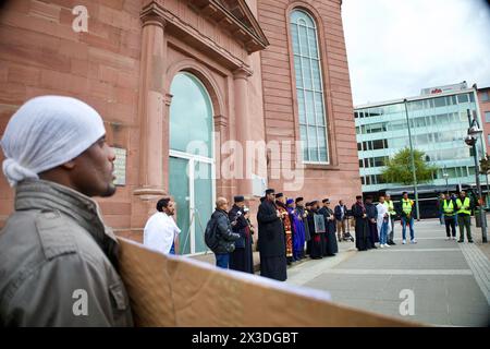 Francfort-sur-le-main, Allemagne, 20 avril 2024. Association de l'Église orthodoxe éthiopienne de Tewahedo-archidiocèse d'Allemagne et ses environs organisent une manifestation. Banque D'Images