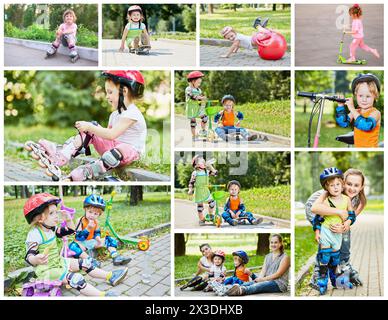 Collage avec six personnes sur patins à roulettes et scooter - quatre enfants et deux adolescents Banque D'Images