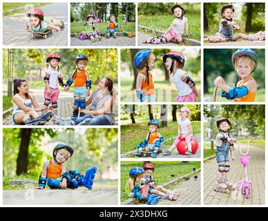 Collage avec quatre personnes sur patins à roulettes, skateboard et scooters - deux enfants et deux adolescents Banque D'Images