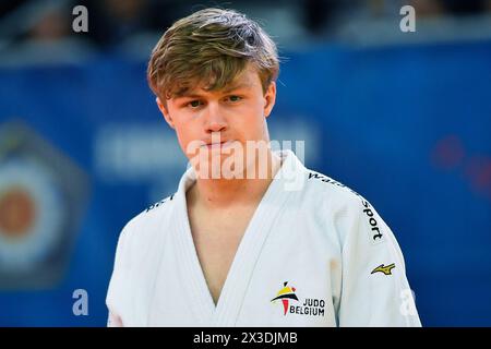 Zagreb, Croatie. 26 avril 2024. Le belge Jarne Duyck (Blanc) réagit lors d'un combat dans la poule C masculine -81kg aux Championnats d'Europe de judo à Zagreb, Croatie, vendredi 26 avril 2024. Le tournoi se déroule du 25 au 27 avril. BELGA PHOTO NIKOLA KRISTC crédit : Belga News Agency/Alamy Live News Banque D'Images