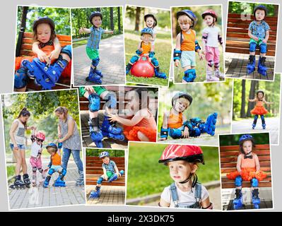 Collage avec cinq personnes sur patins à roulettes, trois enfants et deux adolescents Banque D'Images