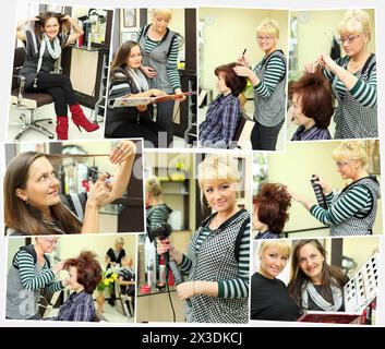 Collage avec coiffeur fait coiffure pour femme dans le salon de beauté Banque D'Images