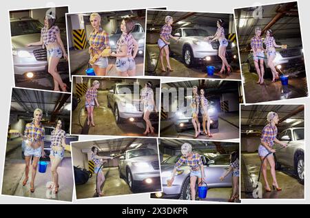Collage avec dix-sept jeunes filles (deux modèles) en shorts et chemises près de la voiture au parking souterrain Banque D'Images