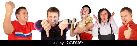 Collage avec cinq personnes surprises, trois hommes et deux femmes isolés sur fond blanc, émotions Banque D'Images