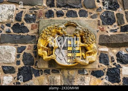 Burg Stolpen, Sachsen, Deutschland Kursächsisches Wappen, von Schildhalter-Löwen gehalten, Am Coselturm der Burg Stolpen auf dem Basaltberg von Stolpen, Sachsen, Deutschland, nur zur redaktionellen Verwendung. Armoiries électorales saxonnes, tenues par des lions détenteurs de boucliers, à la Cosel Tower du château de Stolpen sur la colline basaltique de Stolpen, Saxe, Allemagne, pour usage éditorial seulement. Banque D'Images