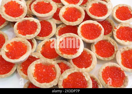 Tartelettes au caviar de saumon rouge sur une assiette Banque D'Images