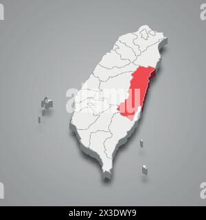 Division du comté de Hualien mise en évidence en rouge sur une carte 3D grise de Taiwan Illustration de Vecteur