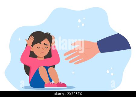 La main humaine aide l'enfant malheureux et triste dans la dépression assis. Concept de santé mentale Illustration de Vecteur