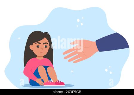 La main humaine aide l'enfant malheureux et triste dans la dépression assis. Concept de santé mentale Illustration de Vecteur