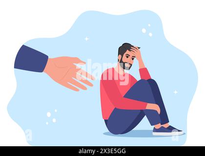 La main humaine aide le jeune homme malheureux et triste dans la dépression assis. Concept de santé mentale Illustration de Vecteur