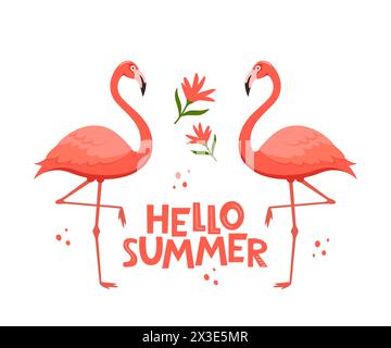 Oiseaux flamants avec fleurs tropicales exotiques et lettrage Hello Summer Illustration de Vecteur