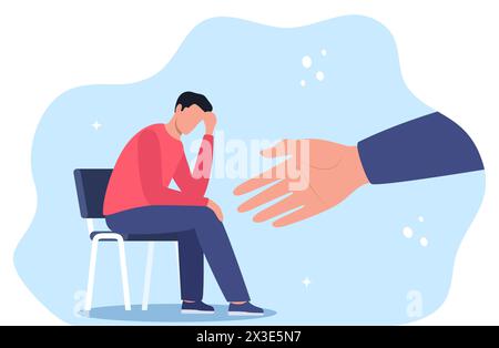 La main humaine aide le jeune homme malheureux et triste dans la dépression assis. Concept de santé mentale Illustration de Vecteur