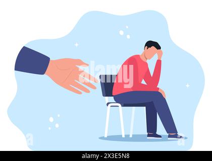 La main humaine aide le jeune homme malheureux et triste dans la dépression assis. Concept de santé mentale Illustration de Vecteur