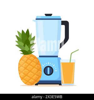 Mixeur ou mixeur. EQUIPEMENT pour la fabrication de smoothies. Ananas et verre de jus frais. Ustensile de cuisine pour la cuisson Illustration de Vecteur