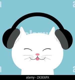 Chat blanc de dessin animé dans les écouteurs. Cat écoute de la musique. Illustration vectorielle Illustration de Vecteur