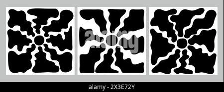 Soleil et rayons de soleil rétro groovy dans des couleurs monochromes. Black groovy doodle Sunburst. Hippie 60s, style 70s. Illustration vectorielle Illustration de Vecteur