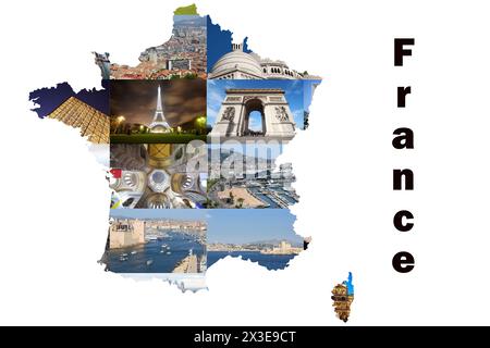 Collage avec carte avec vue sur Paris et Marseille - Tour Eiffel, Arc de Triomphe, bord de mer Banque D'Images