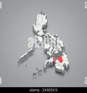 Région du nord de Mindanao mise en évidence en rouge sur une carte grise des Philippines 3D. Illustration de Vecteur