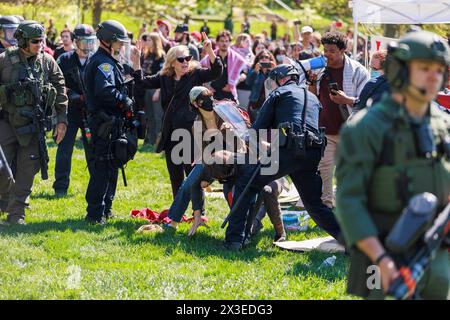 Bloomington, États-Unis. 25 avril 2024. Des dizaines de personnes sont arrêtées par l'équipe anti-émeute de la police d'État de l'Indiana lors d'une manifestation pro-palestinienne sur le campus. Les manifestants avaient installé un camp de tentes à Dunn Meadow à 11 heures du matin et la police leur avait dit de descendre les tentes, sinon ils dégageraient la zone par la force et arrêteraient quiconque ne serait pas parti. Tous les manifestants arrêtés, y compris les professeurs, ont été bannis du campus de l'Université de l'Indiana pendant un an. (Photo de Jeremy Hogan/SOPA images/Sipa USA) crédit : Sipa USA/Alamy Live News Banque D'Images