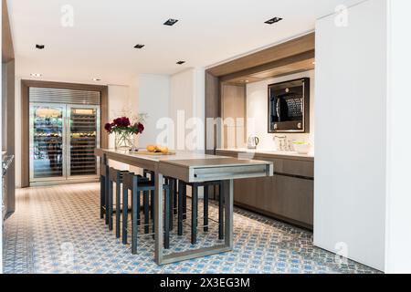 Cuisine moderne avec refroidisseur de vin pleine longueur dans un élégant appartement de Bruxelles, Belgique, Europe Banque D'Images
