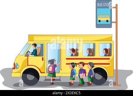 Enfants embarquant dans le bus scolaire illustration vectorielle Illustration de Vecteur